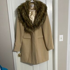 Donna Salyers Fabulous Furs Tan Trench Coat with Faux Fur Collar